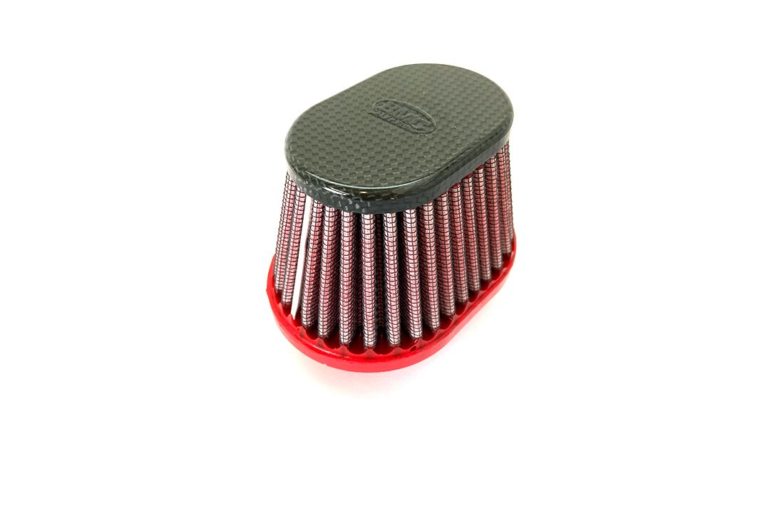 BMC Conisch Sport Luchtfilter voor directe inlaat 50 mm x 70 mm met een rechts uitgelijnd mondstuk en een carbon deksel